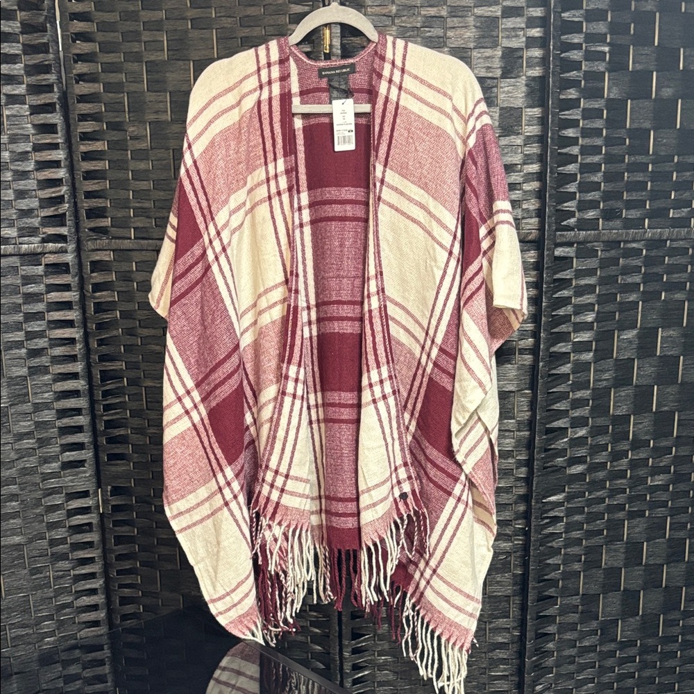 Banana Republic Plaid Poncho in Maroon and Cream